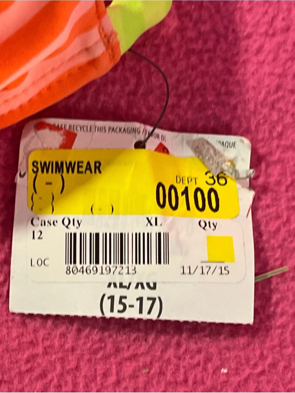 OP Bright Coral Pink and Yellow Striped Kids Swim Trunks
